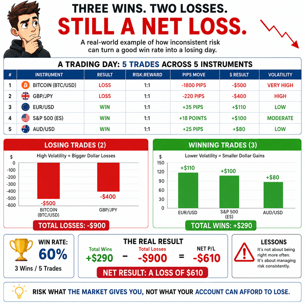 Bar chart showing $900 in losses versus $290 in gains despite more winning trades