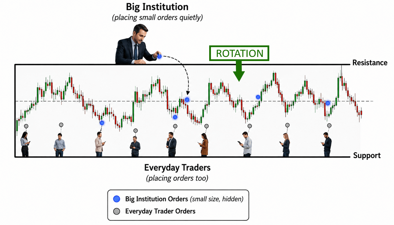 Illustration of large institutions quietly building positions during a market rotation