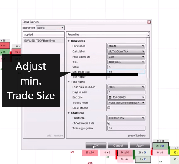 Data Series settings menu showing the minimum trade size field for the order flow filter