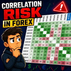 Correlation risk in Forex trading thumbnail with a trader looking concerned next to a correlation table and warning icon