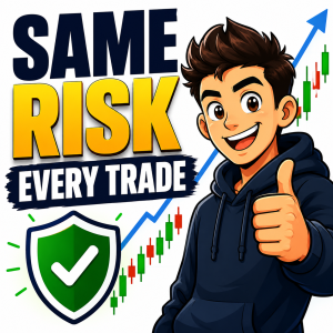 Trader giving a thumbs-up beside rising candlesticks and a shield, with the message “Same Risk Every Trade.”