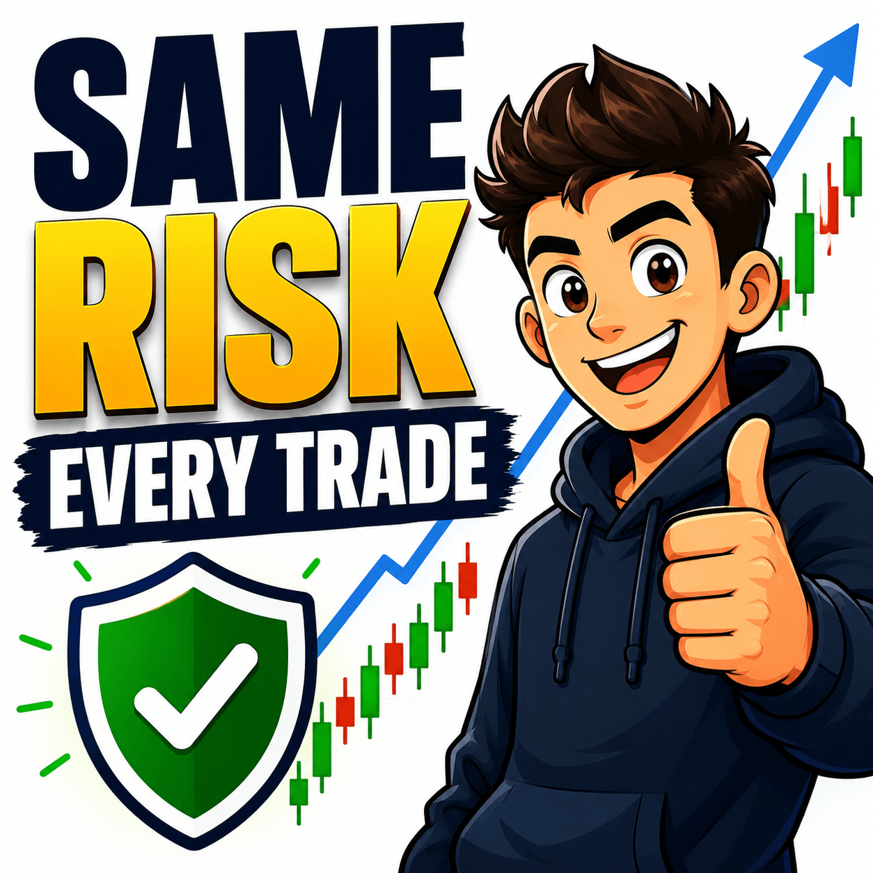 Trader giving a thumbs-up beside rising candlesticks and a shield, with the message “Same Risk Every Trade.”