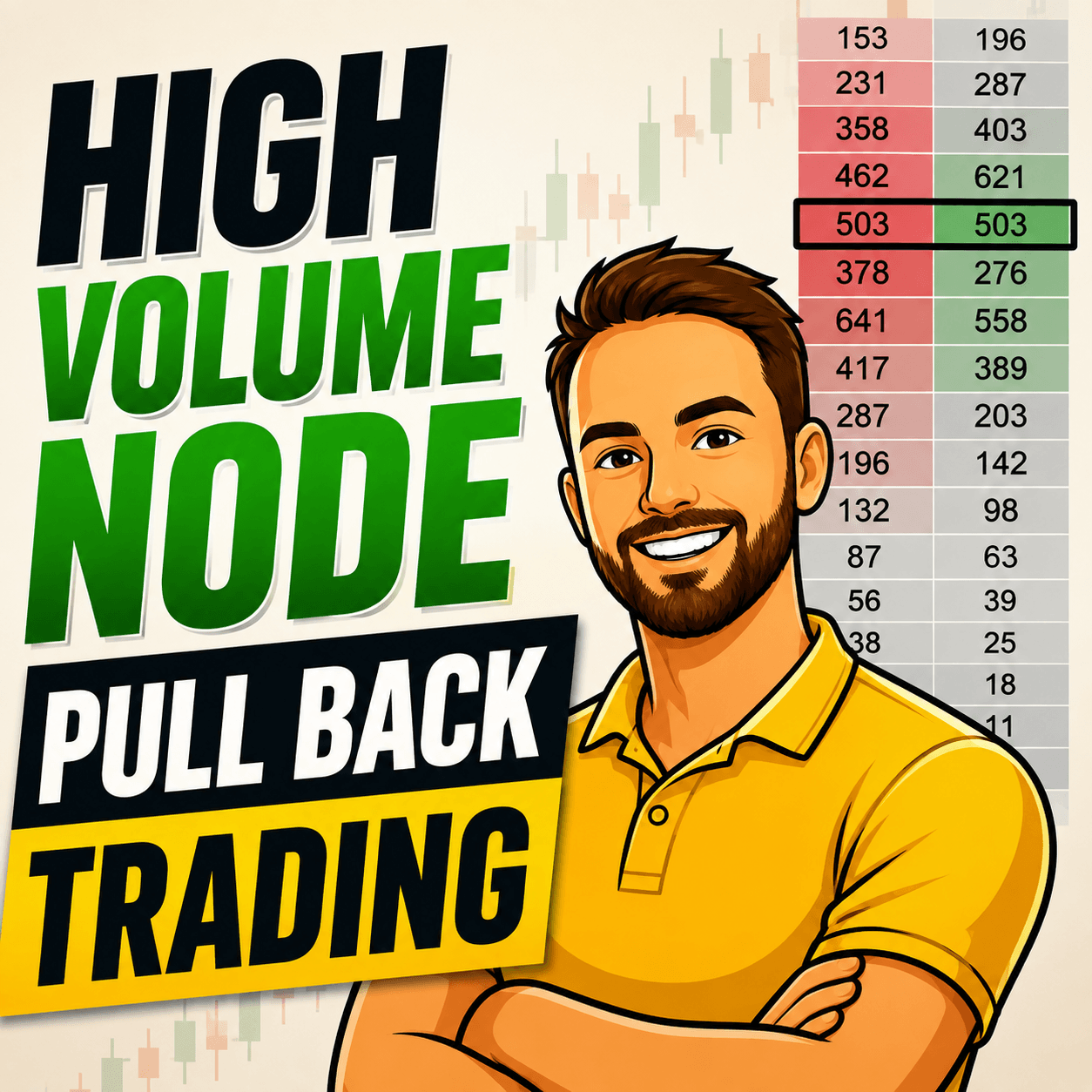High Volume Node pullback trading thumbnail featuring a cartoon trader beside an order flow footprint chart with a highlighted high-volume price level.
