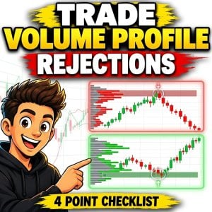 Square trading thumbnail showing a cartoon trader pointing at bearish and bullish Volume Profile rejection charts, with the title “TRADE VOLUME PROFILE REJECTIONS” and “4 POINT CHECKLIST.”