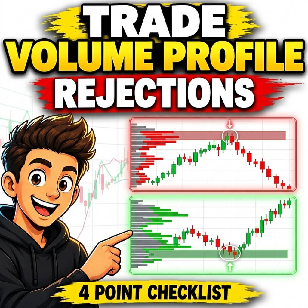 Square trading thumbnail showing a cartoon trader pointing at bearish and bullish Volume Profile rejection charts, with the title “TRADE VOLUME PROFILE REJECTIONS” and “4 POINT CHECKLIST.”