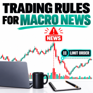 Trading rules for macro news thumbnail featuring a female trader, volatile candlestick chart, news warning icon, and limit order pause indicator.
