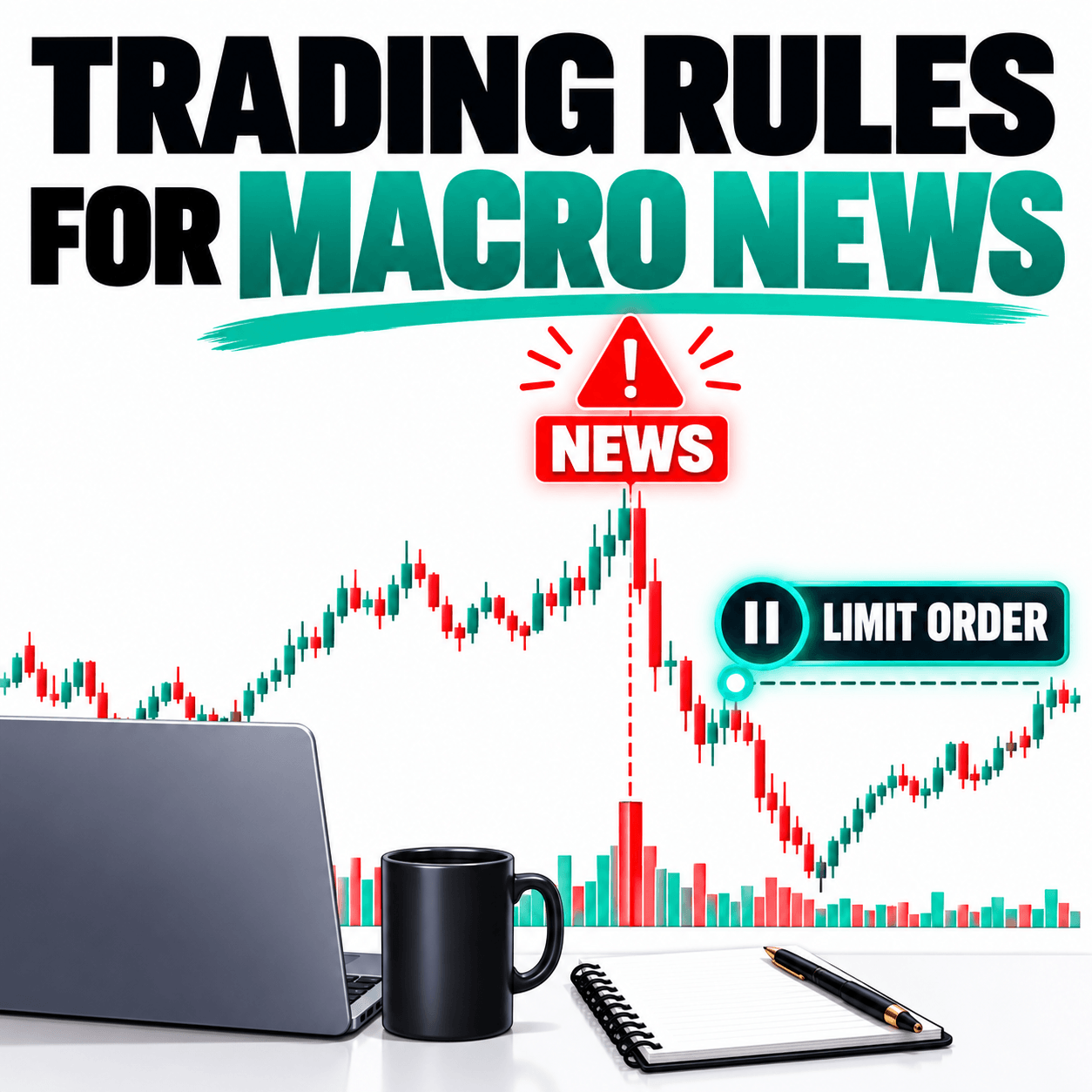 Trading rules for macro news thumbnail featuring a female trader, volatile candlestick chart, news warning icon, and limit order pause indicator.