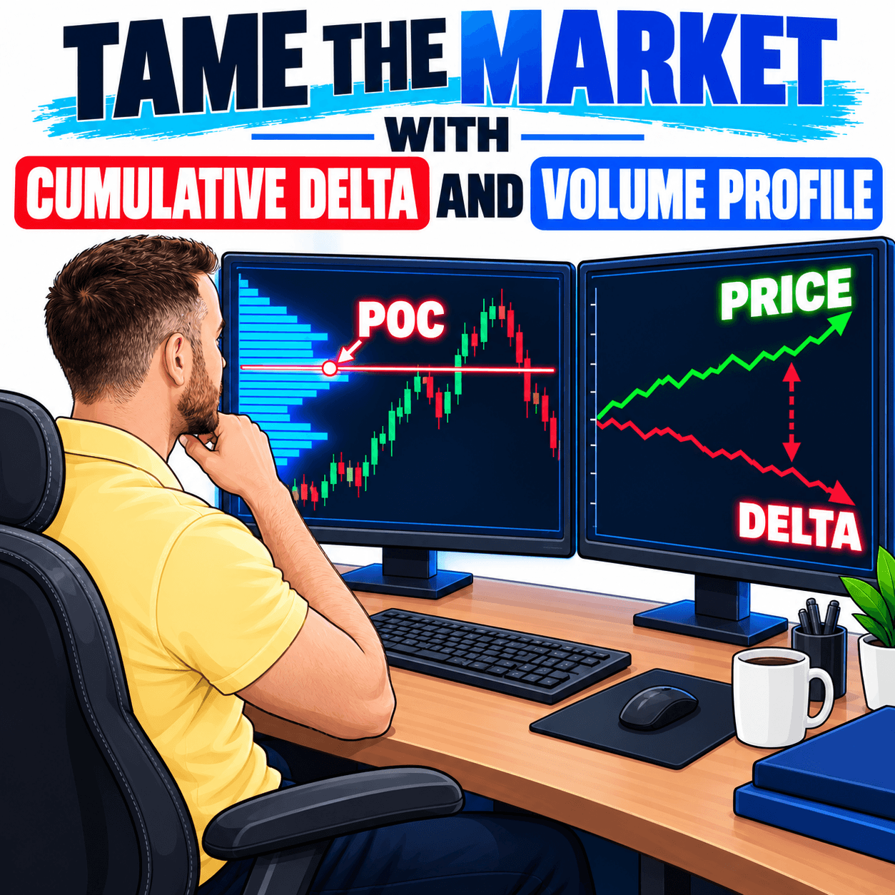 Cartoon trading illustration showing a trader analyzing Cumulative Delta and Volume Profile, with a highlighted POC level and divergence between rising Price and falling Delta on dual monitors.
