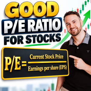3D financial thumbnail featuring a smiling presenter pointing to a large P/E formula, with the title “GOOD P/E RATIO FOR STOCKS” and an upward stock chart in the background.