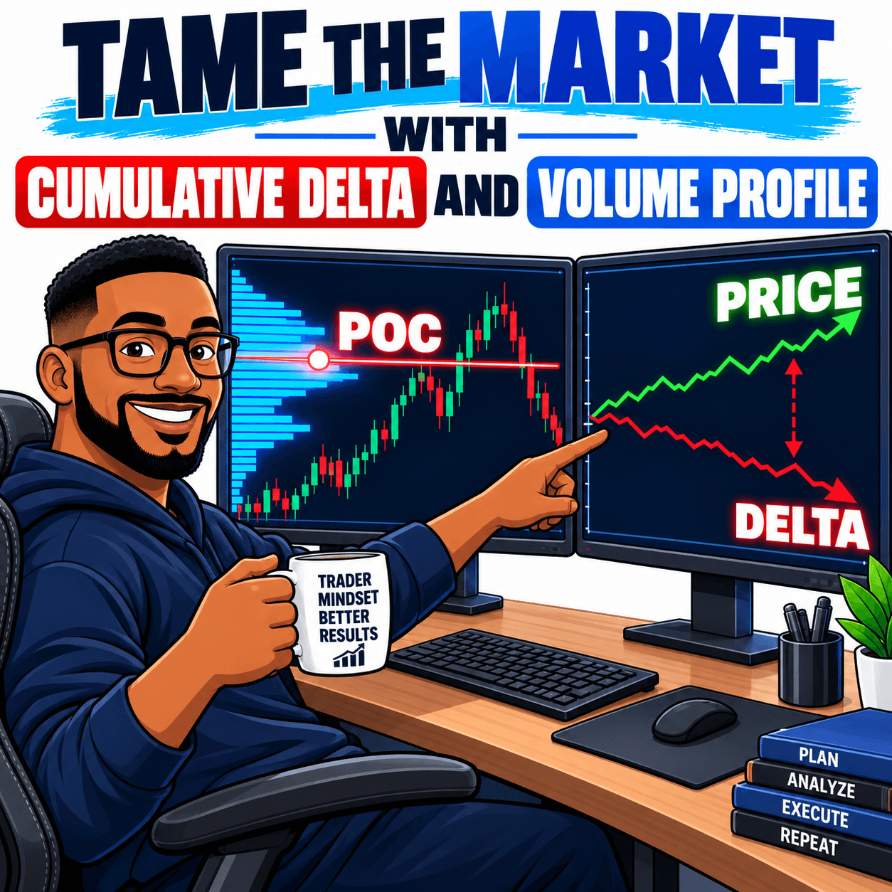 Cartoon trading illustration showing a trader analyzing Cumulative Delta and Volume Profile, with a highlighted POC level and divergence between rising Price and falling Delta on dual monitors.