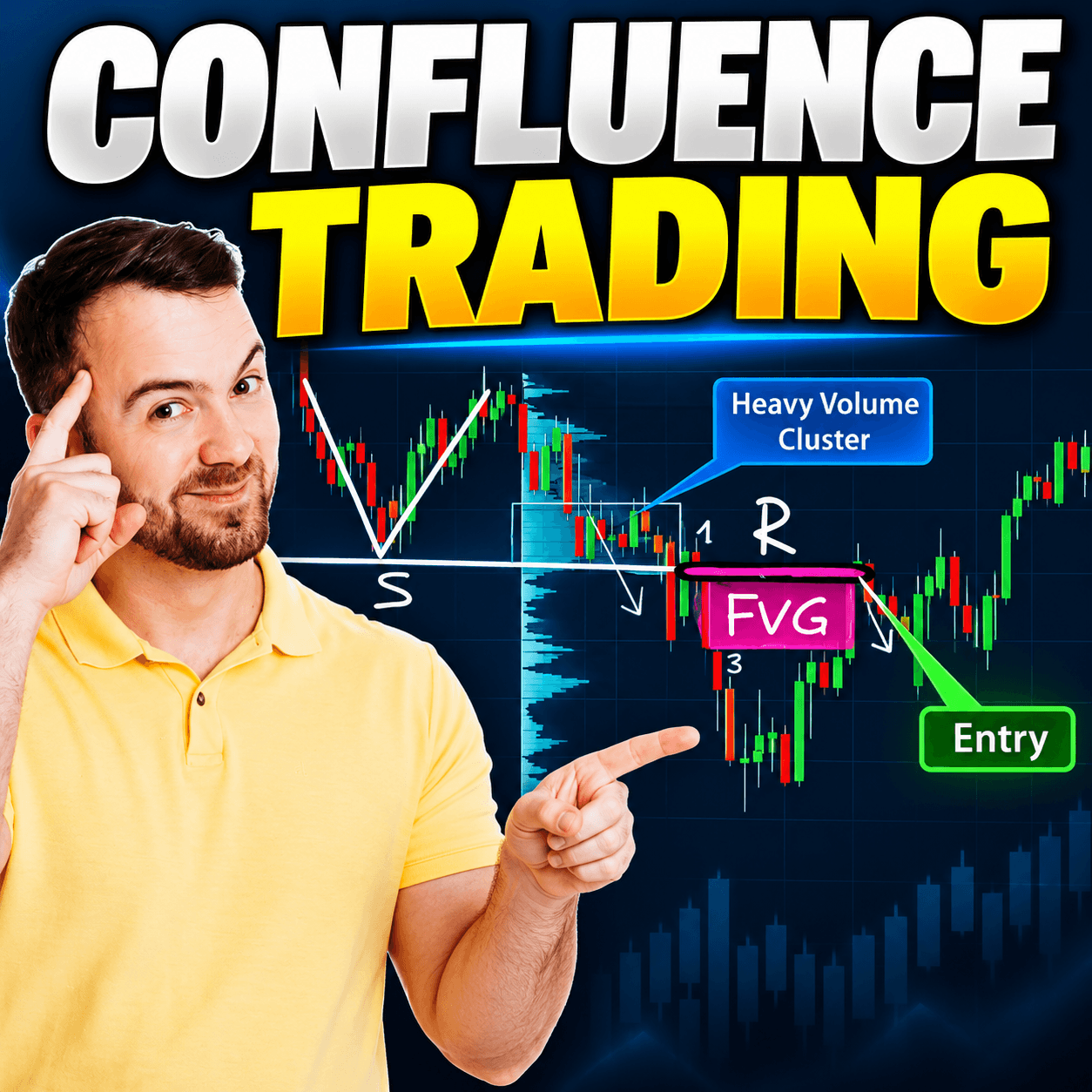 A trader points at a candlestick chart featuring a volume profile, heavy volume cluster, Fair Value Gap (FVG), and a highlighted trade entry setup on a dark navy background.