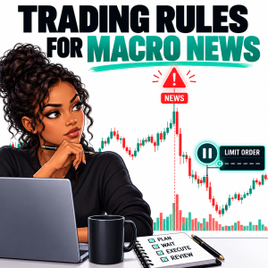 Trading rules for macro news thumbnail featuring a female trader, volatile candlestick chart, news warning icon, and limit order pause indicator.