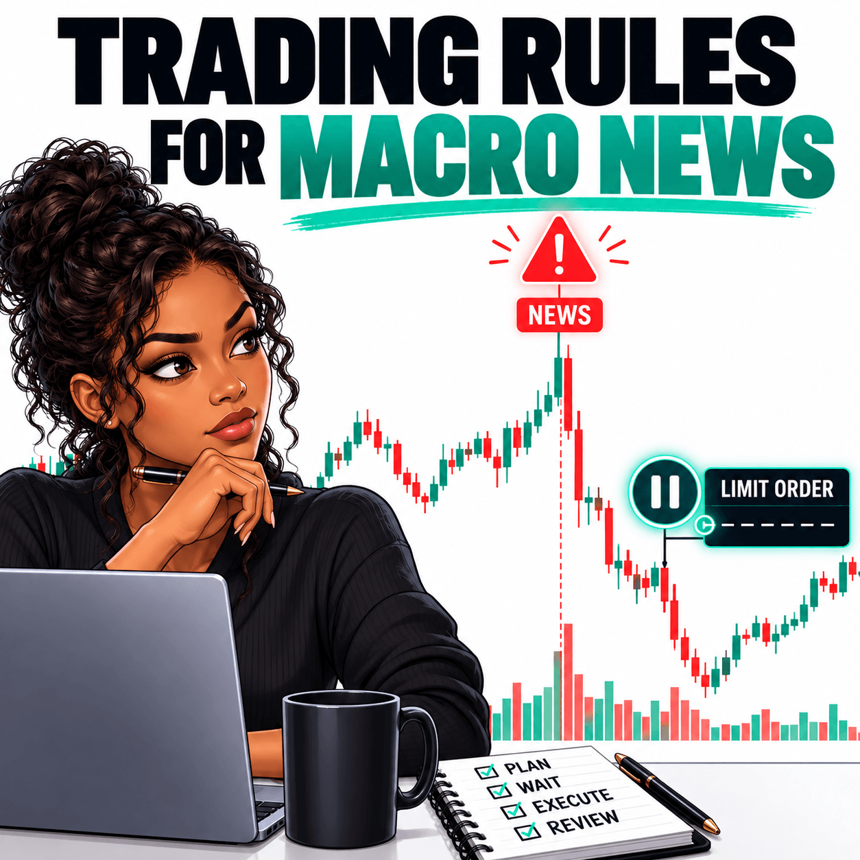 Trading rules for macro news thumbnail featuring a female trader, volatile candlestick chart, news warning icon, and limit order pause indicator.