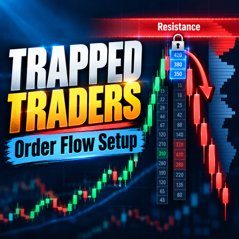 Professional trading thumbnail showing trapped buyers at a resistance level, highlighted footprint order-flow cells with a lock, and a sharp bearish reversal.