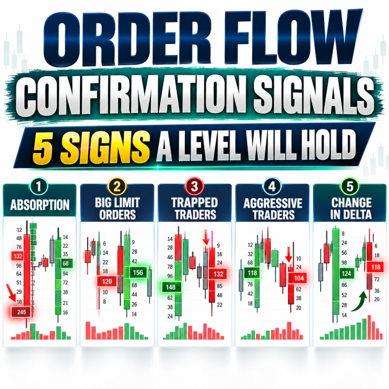 Thumbnail titled Order Flow Confirmation Signals, 5 Signs a Level Will Hold, with five footprint chart panels showing absorption, big limit orders, trapped traders, aggressive traders and change in delta
