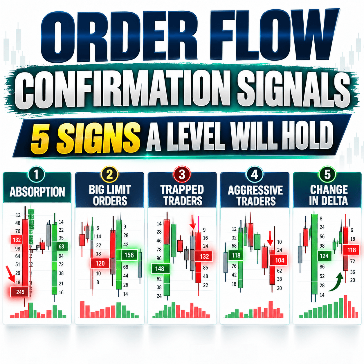 Thumbnail titled Order Flow Confirmation Signals, 5 Signs a Level Will Hold, with five footprint chart panels showing absorption, big limit orders, trapped traders, aggressive traders and change in delta