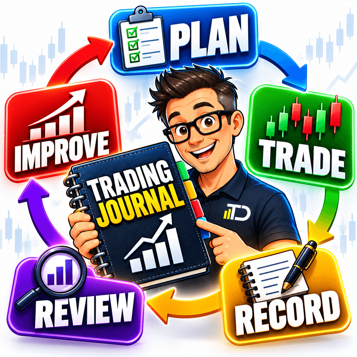 Cartoon illustration of a trader holding a bold Trading Journal notebook surrounded by five colorful stages: Plan, Trade, Record, Review, and Improve.